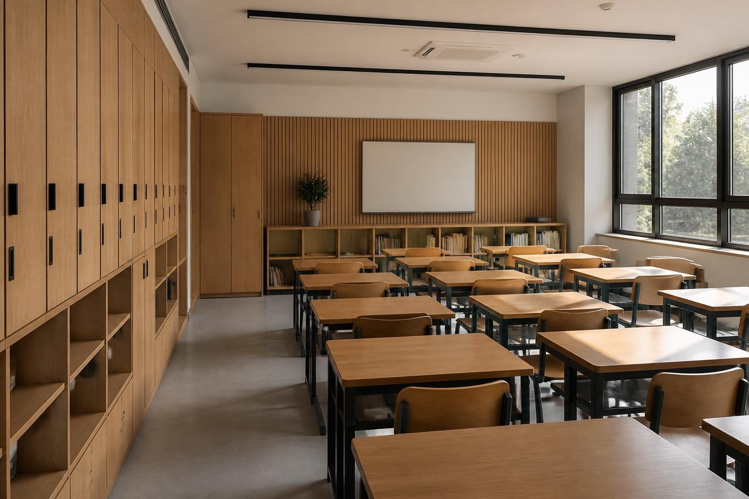 Sala de aula com mobiliário escolar sob medida em madeira